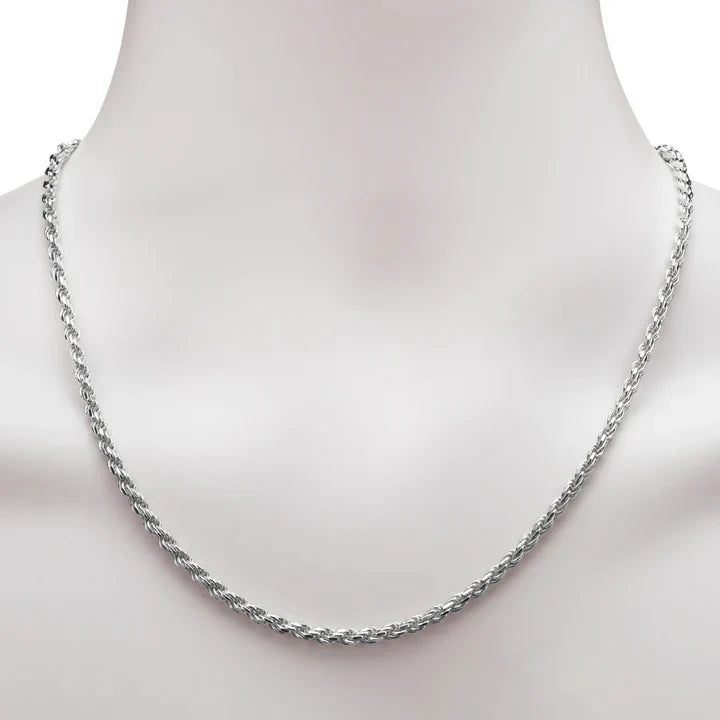 Sterling Silver 2.25mm Shiny-Cut Rope Chain Necklace For Men.