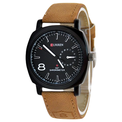 CURREN Men's GMT Chronometer Watch – Black Dial & Brown Leather Strap"
