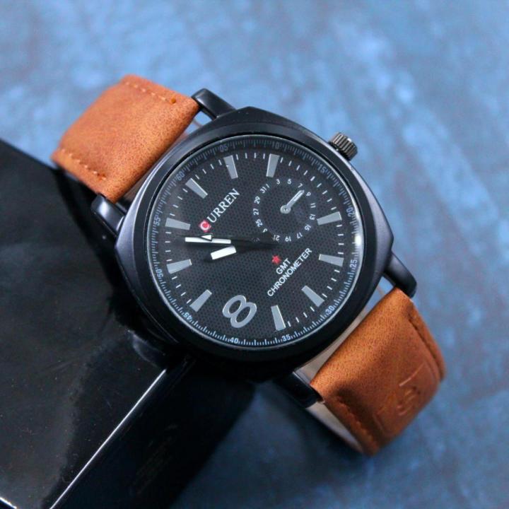 CURREN Men's GMT Chronometer Watch – Black Dial & Brown Leather Strap"