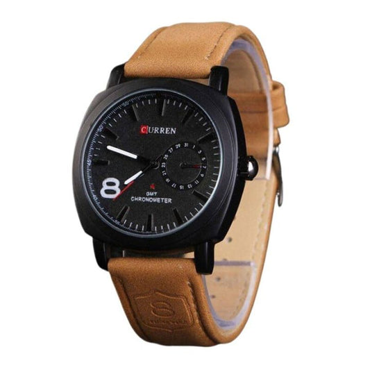 CURREN Men's GMT Chronometer Watch – Black Dial & Brown Leather Strap"
